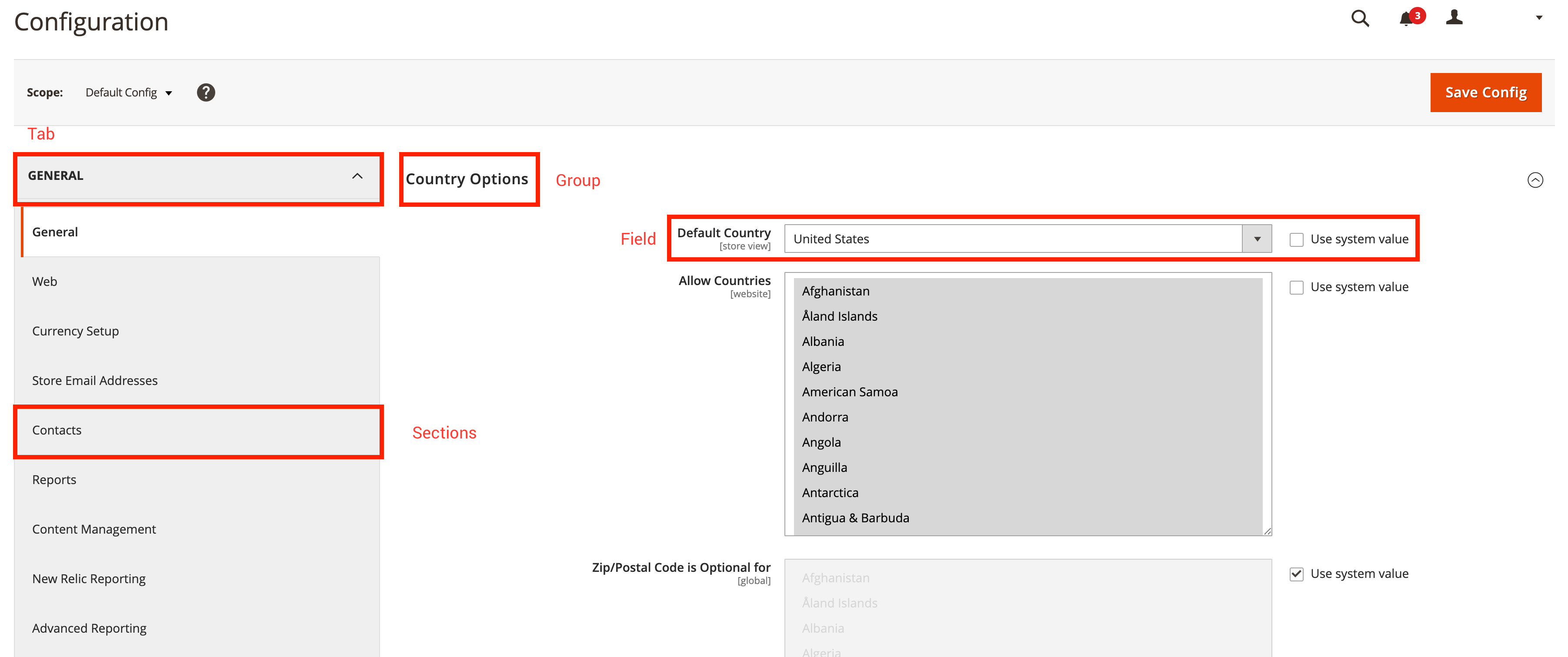 Screenshot displaying a configured section in the Magento Admin.